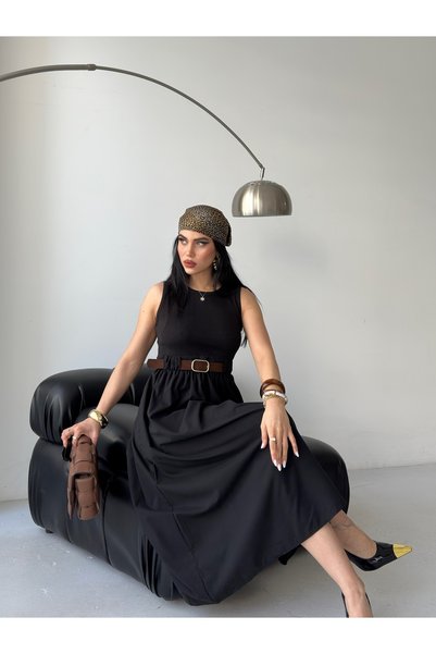 Thil Sleeveless Two Material Belted Midi Dress