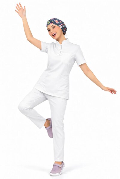 BAŞARAN UNİFORMA Likralı Beyaz Slim Fit Premium Scrubs