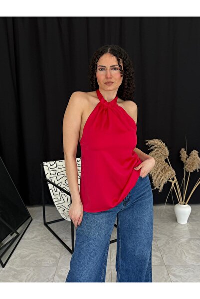 hot fashions Halter Yaka Sırt Dekolteli Saten Bluz