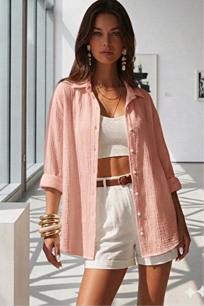 CAST COLLECTİON Kadın Pembe Bürümcük Kumaş Oversize Gömlek