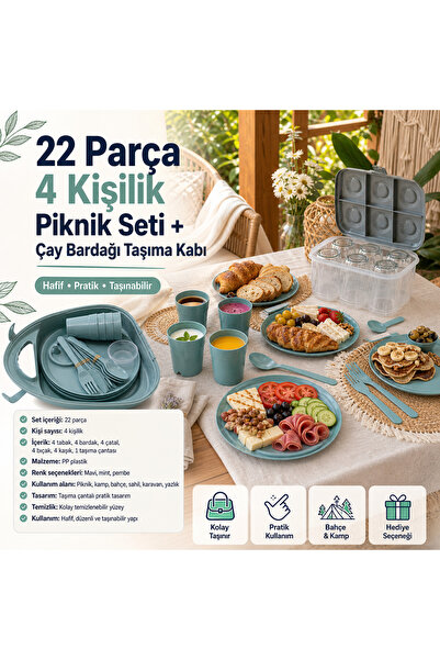 biedda 22 Parça 4 Kişilik Piknik Seti Taşıma Çantalı Tabak Bardak Çatal Kaşık...
