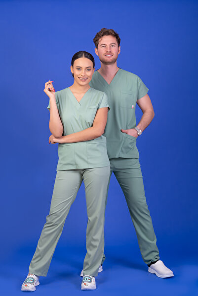 BAŞARAN UNİFORMA Unisex Kalıp Küf Yeşili Likralı Hemşire / Doktor Forması Scr...