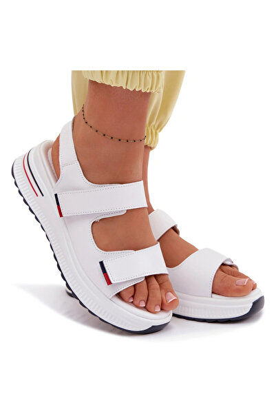 Evento Leather Women's Platform Sandals With Velcro White Jemela 37
