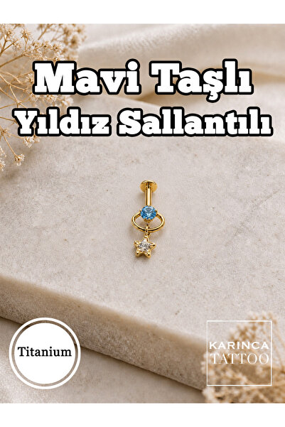 Karınca Piercing Mavi Taşlı Yıldız Sallantılı Labret Titanyum Piercing Dudak ...