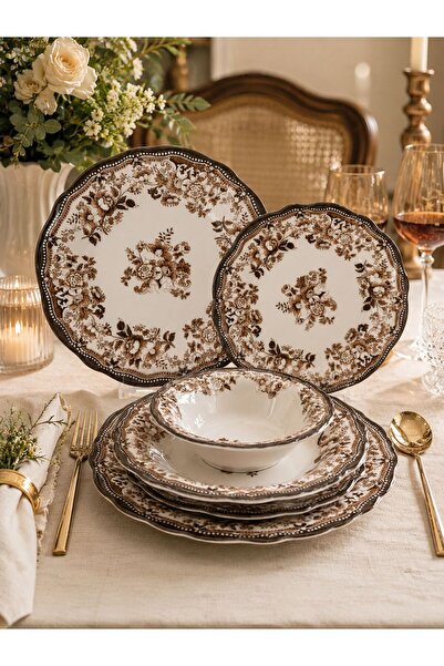 Onedekor 24 Parça 6 Kişilik Porselen Yemek takımı Velour Brown