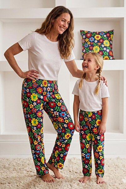 VİP BERA TEKSTİL Renkli Çiçek Desenli Anne Kız Kombini Tek Pijama Altı (Tek P...