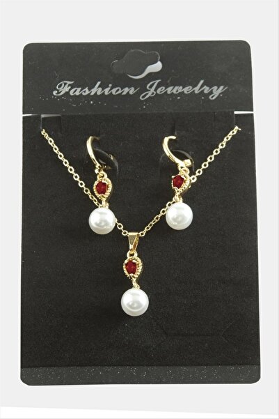 ZERO LAND Ilkeshop Drop Pearl Zircon Stone Set Necklace (222811) - Red