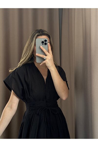 AlisBoutique Beli Bağcıklı V Yaka Midi Elbise