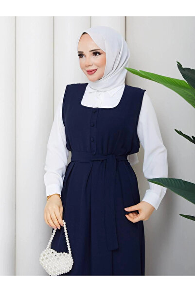 Butik Lacivert Krep Kumaş Sıfır Kol Düğme Detaylı Elbise Modelimiz