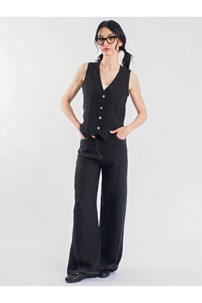 byözlemyazan Linen Colored Loose-Fit Trousers with Stitching Detail