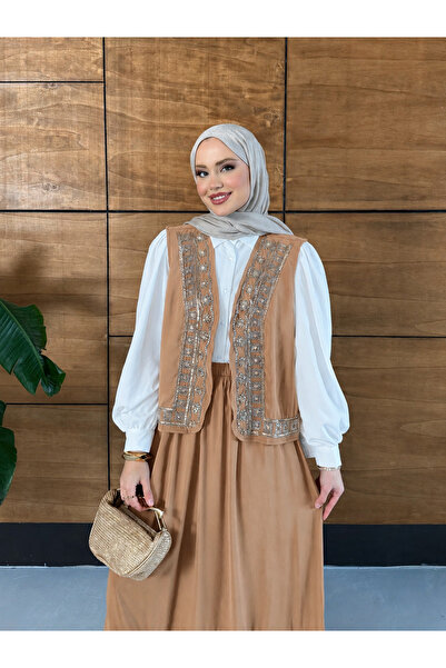 Miss Allos طقم نسائي مكون من سترة وتنورة من الكتان المطرز بالتطريز