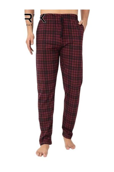 Tarık Men's 100% Cotton Burgundy Plaid Patterned Pajama Bottoms with Pockets