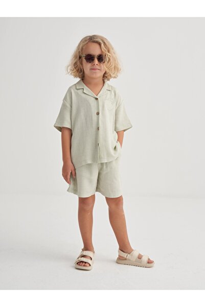 Cigit Keten Behappy Embroidered Shorts Set 2-7 Years Mint Green