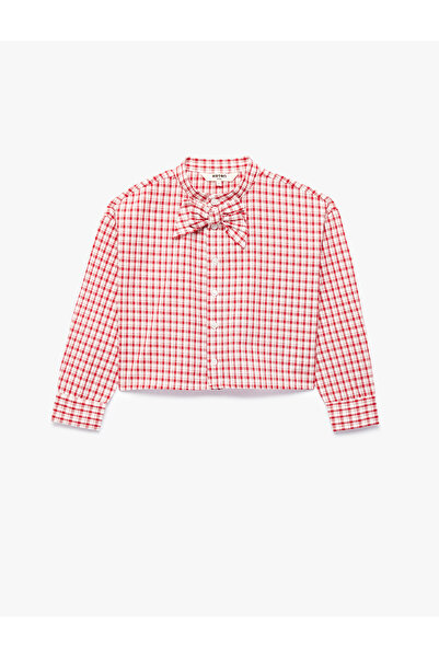 Koton Cotton Long Sleeve Plaid Shirt with Bow Detail and High Collar
