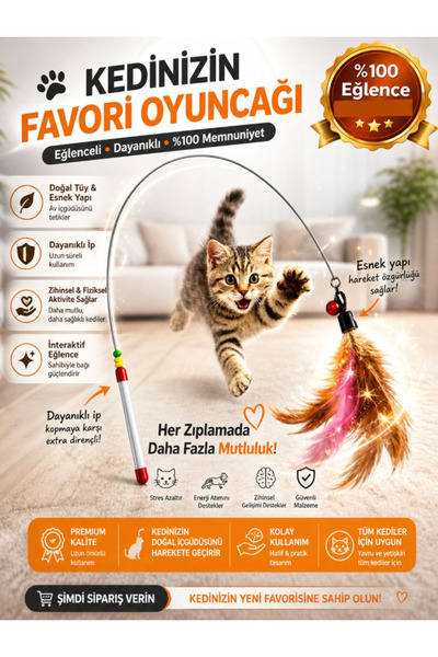TUMU LIFE Kedi Oyun Oltası 90 Cm Renkli Tüylü Kedi Oyuncağı