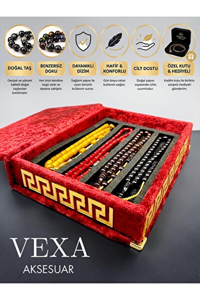 Vexa Aksesuar Handmade Crimped Amber Prayer Beads Set with Special Velvet Box...