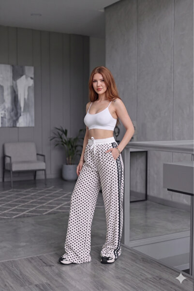 Moda Palmiss Women's Polka Dot Wide Leg High Waist Relaxed Fit Casual Sweatpants