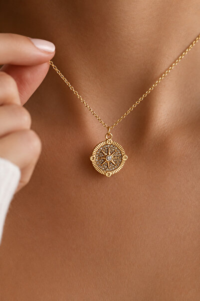 Auryne Jewelry Taşlı Pusula Madalyon Kolye 14 Ayar Altın Kaplama Şık Tasarım ...