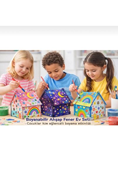 Boncukafası 1 Adet Boyanabilir Ahşap Fener Ev Seti 12 cm – Çocuk Boyama Etkin...