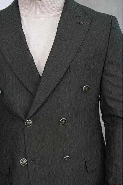 Dupont Slim Fit Men's Pointed Collar Striped Double Breasted Suit