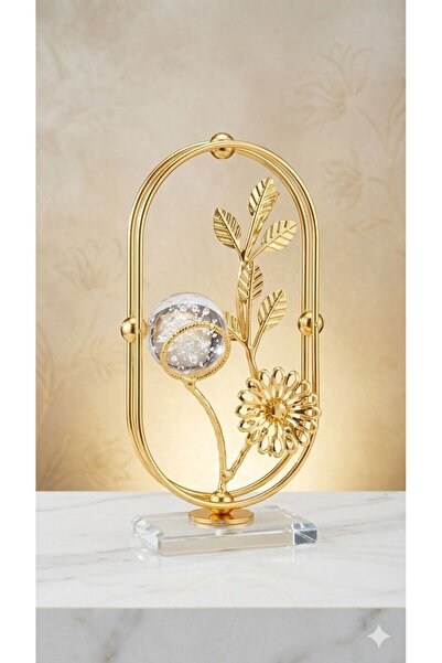 ALRASHED Kristal Küre ve Kristal Tabanlı Lüks Metal Çiçek Dekoru – Gold Moder...