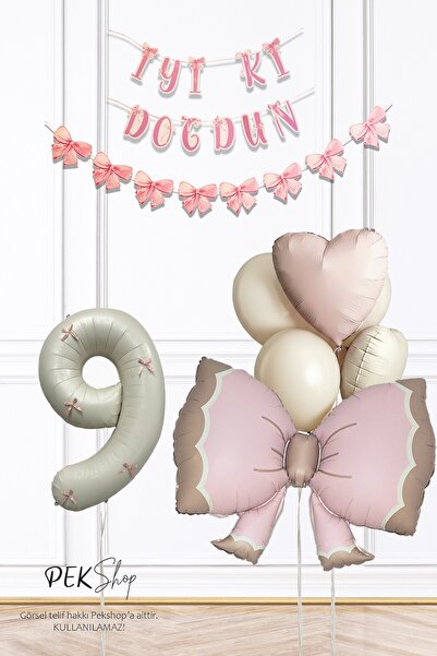 PEKSHOP 9 Year Old Retro Pink Bow Theme Luxury Birthday Balloon Set with Pink...