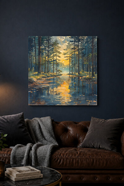 Lucena Acuarelă Apus de soare Pădure Lac Pictură pe metal cu tematică natural...