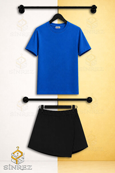 SİNREZ Girl's 2-Piece Set No Print Short Sleeve T-Shirt and Shorts Skirt