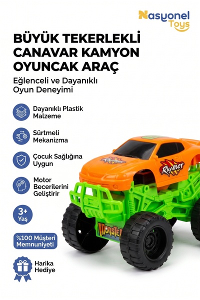 NASYONEL TOYS Çocuklar İçin Büyük Tekerlekli Canavar Kamyon Oyuncak Araç - Eğ...