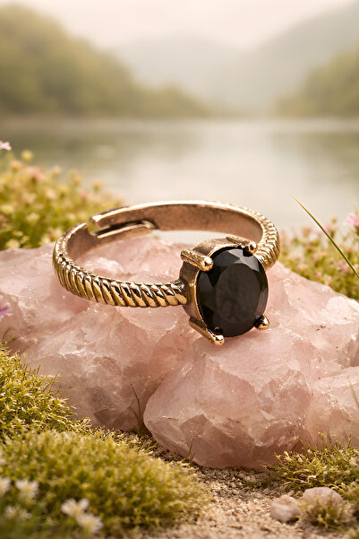 NBS Beautiful Naturel Stones Copper Pure Black Stone Vintage Adjustable Ring