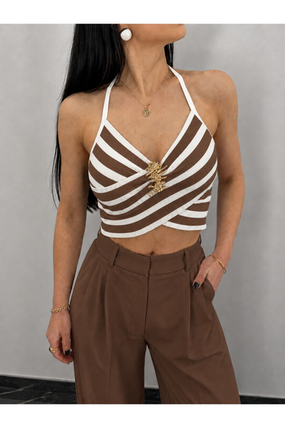 Kureyzibies Kadın Çizgili Serin Tutan Gold Tokalı Triko Crop Bluz