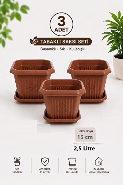 GÜZELYÜZ AVM 3 Adet Kare Saksı | Tabaklı Saksı Seti 2,5 Litre Kahverengi 170x...