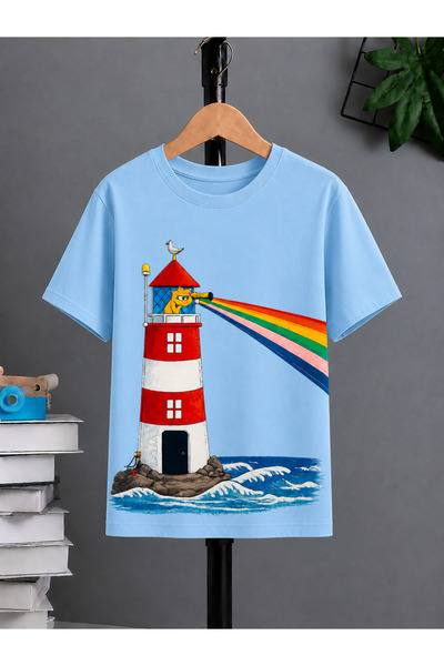 VODEXA Tricou oversize unisex cu imprimeu Lighthouse, 100% bumbac, croială co...