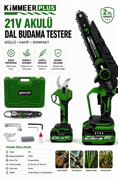 KİMMEER PLUS 21v 4ah Çift Akülü Çelik Şanzıman Dal Budama Makası & Testeresi ...