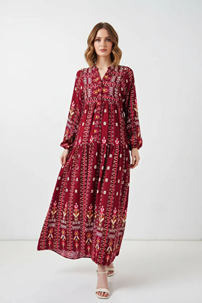 buğrahayalin Women's Authentic Patterned Viscose Red Hijab Dress