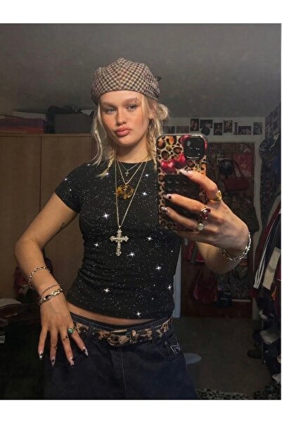 ciel moda ışıltılı simli kısa kollu kemer boy crop top