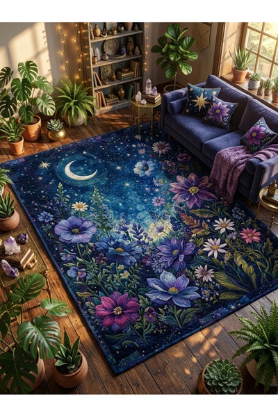 Rugs Modern Halı SDT Gece Bahçesi Temalı Ay Ve Yıldız Motifli Mor Dokuma Taba...