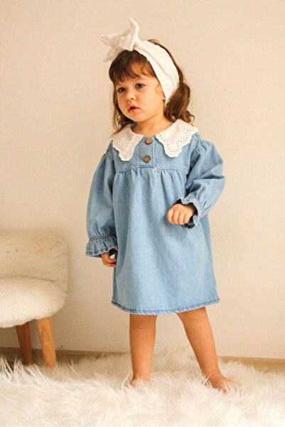 Jannock Girl's Scallop Collar Denim Dress - Long Sleeve Soft Denim Dress-Jlb-122