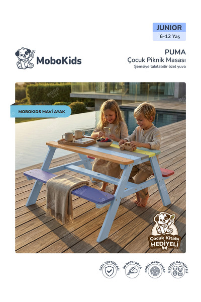 mobokids Çocuk Piknik Masa Bank Puma Çok Renkli Masif Ahşap 4 kişilik Junior ...
