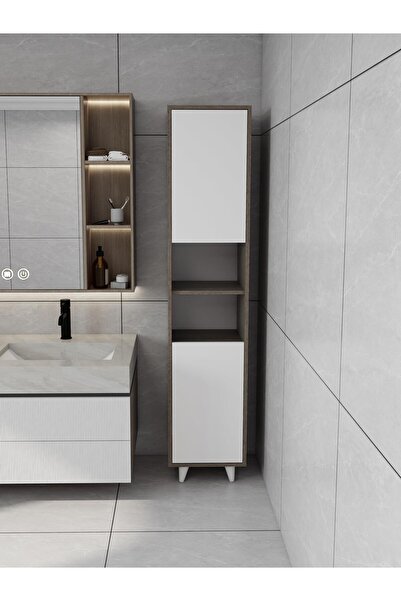 Masif Market Riva Çamaşır Sepetli Banyo Dolabı Antrasit Meşe Renk