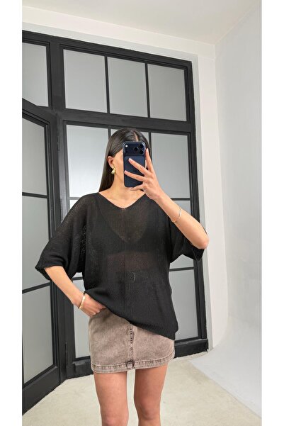 GAUS CO Black Bat Sleeve Openwork Knitwear Blouse Gaus-01443