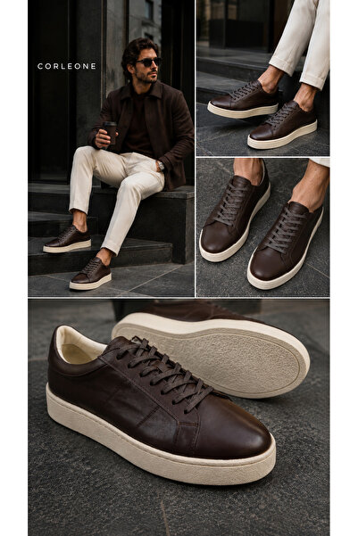 the corleone Kahverengi Hakiki Deri Bağcıklı Günlük Eva Taban Şık Sneaker Erk...