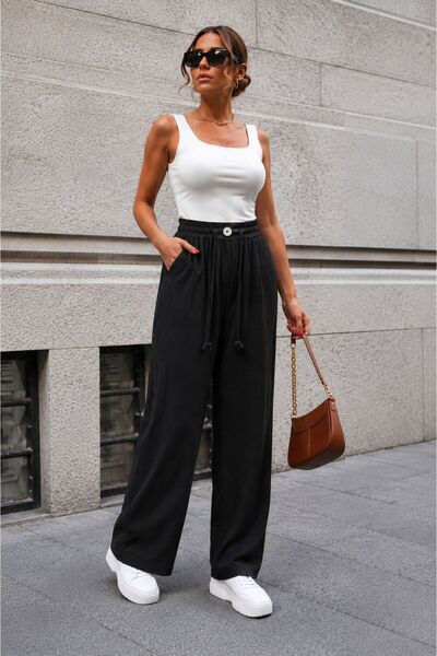 GİYİYORUM Muslin 100% Natural Cotton Wide Leg Pants with Elastic Waist