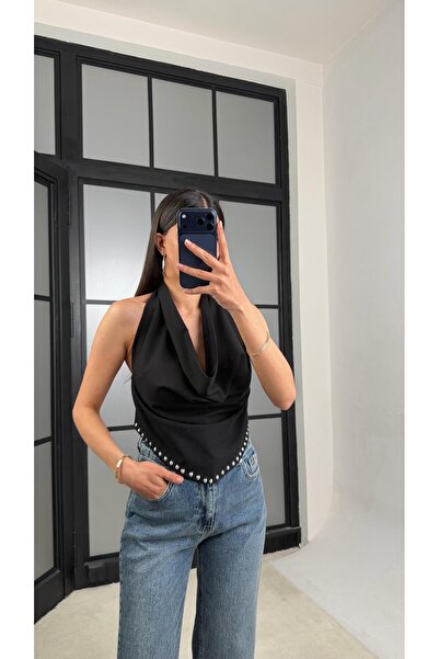 GAUS CO Black Staple Detailed Premium Crop with Elastic Waistband Gaus-01488