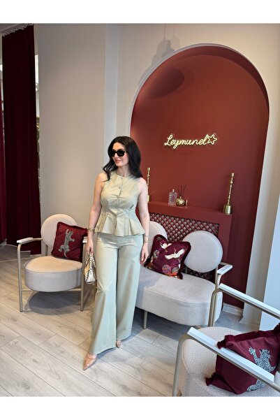 Butik Çağla yeşili belden oturtmalı gold düğmeli astarlı halter yaka yelek pa...