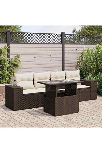 vidaxl Set canapele de gradina cu perne, 5 piese, maro, poliratan