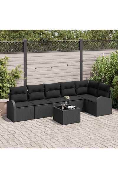 vidaxl Set de canapele pentru gradina cu perna 7 pcs Negru Rattan poli