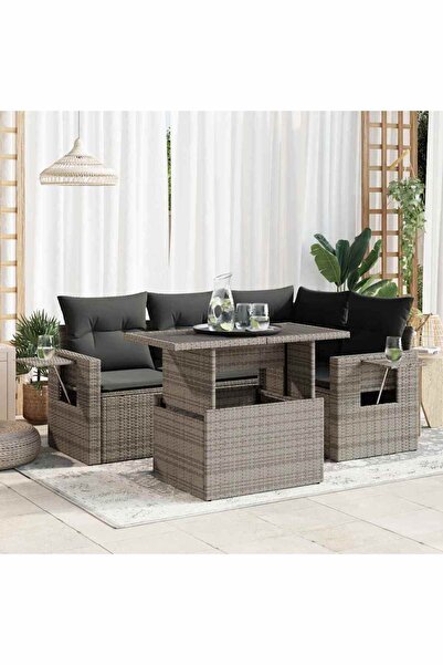 vidaxl Set canapea de gradina cu perne, 5 piese, gri, poliratan
