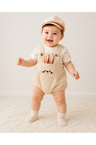 MİNİKİNCİBABY Erkek Bebek Waffle Şapkalı Tavşan Salopet Body Takımı
