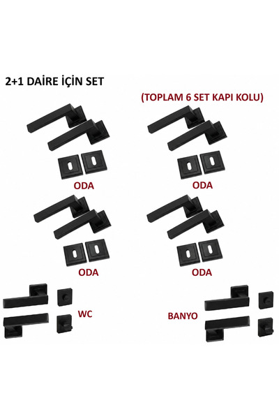 GÜMÜŞ Lama Kare Rozetli Kapı Kolu 6'lı Set (2+1 Daire Için Geçerli) Siyah